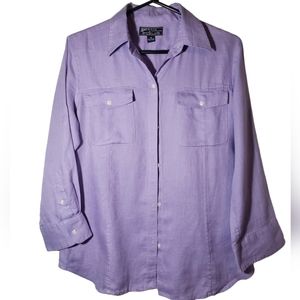 American Living 100% Linen Purple Button Up Roll Tab Long Sleeves Shirt Size M
